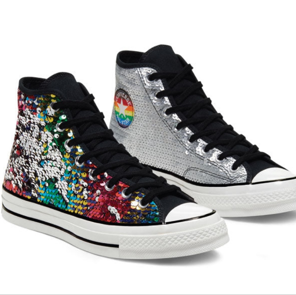 👣CONVERSE✌️ Unisex Chuck70 Pride Sequin Rainbow & Silver High Tops mens5 women7